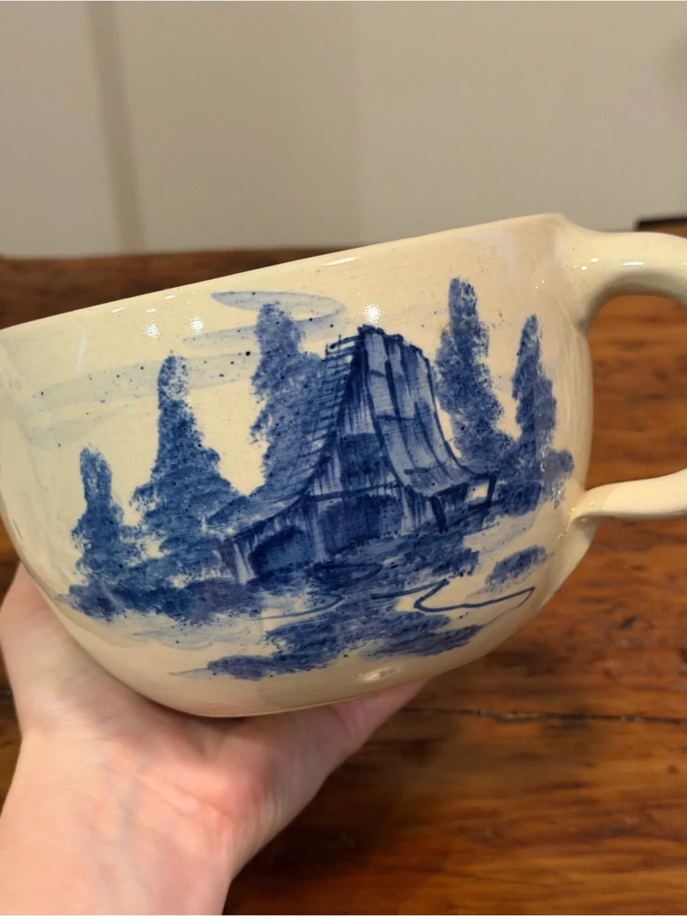 Cream Ceramic Mixing Bowl with Blue Landscape Design